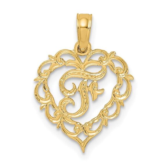 14K Yellow Gold Heart Script Letter F Initial Charm